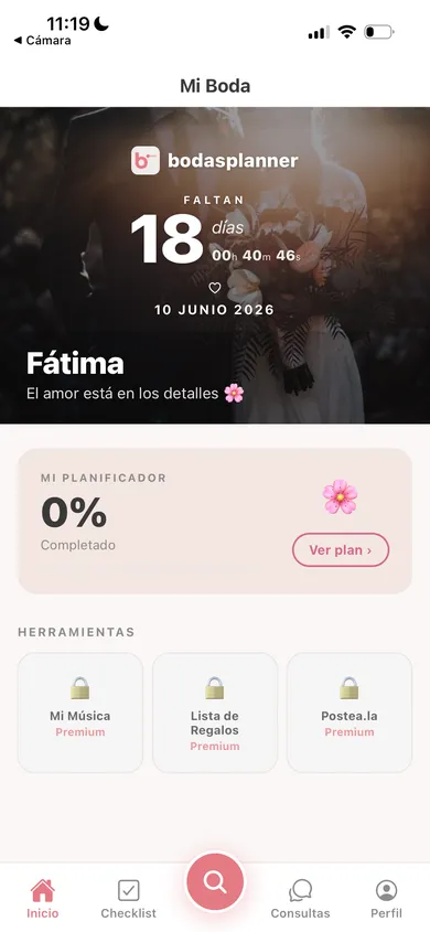 Pantalla de inicio de la app Bodas Planner