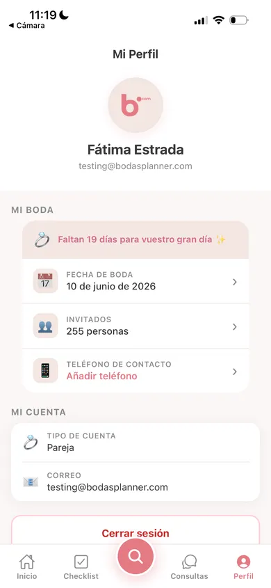 Pantalla de perfil de la app Bodas Planner